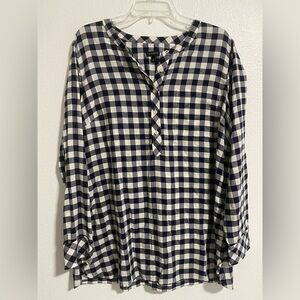 Talbots Navy Blue & White Plaid Long Sleeve Tunic Top sz XL 100% Cotton